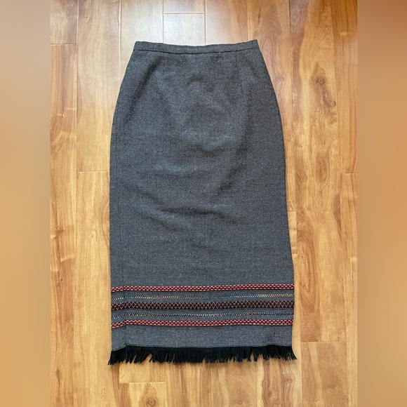 Vintage Black & Grey Wool Blend Embroidered Maxi Skirt With Fringe - Picture 1 of 11